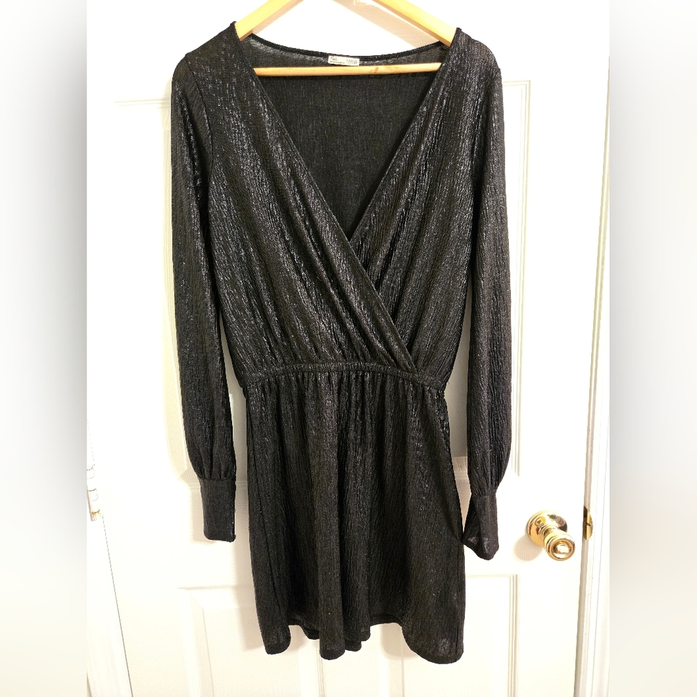 Zara Shimmering Black Long Sleeve Mini Dress Size Medium